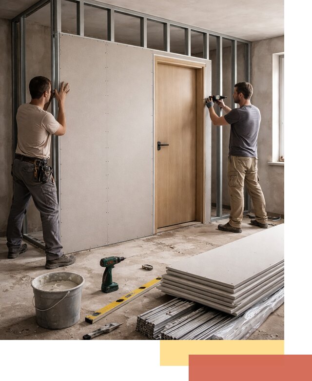 Перегородка из гипсокартона с дверью под ключ в Мценске