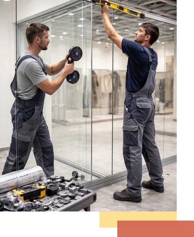 Стеклянные перегородки для магазинов в Мценске — монтаж и установка