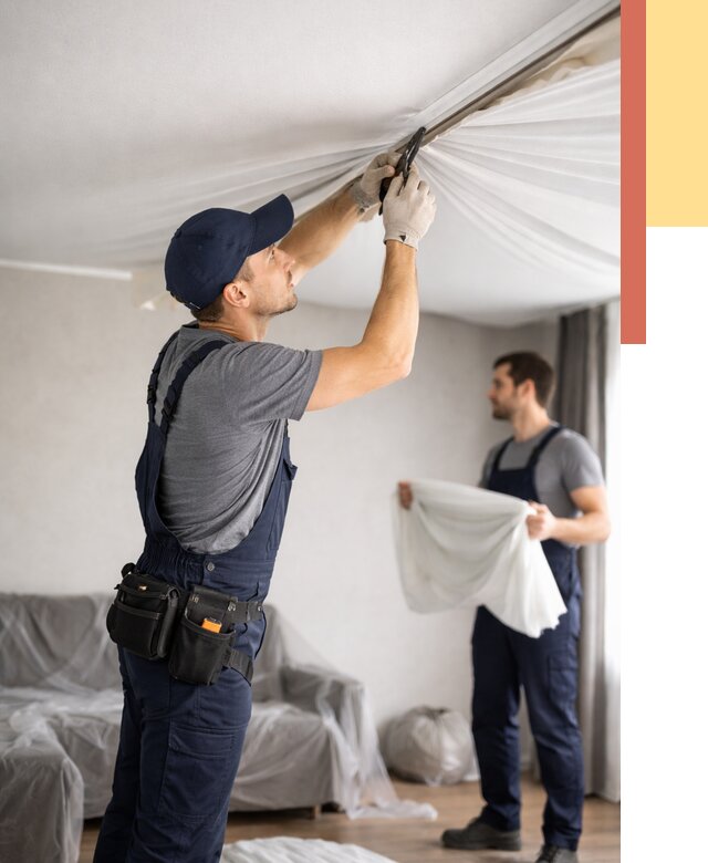 Демонтаж натяжного потолка в Мценске от 4557 руб. — снятие и разбор под ключ | ОТДЕЛОЧНИК-Мцн