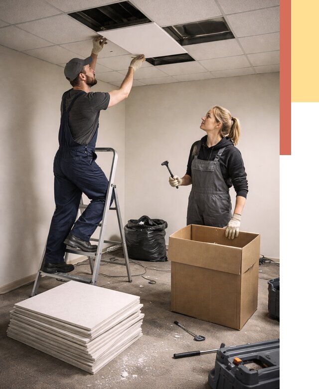 Демонтаж потолочной плитки в Мценске от 4557 руб. быстро и недорого | ОТДЕЛОЧНИК-Мцн