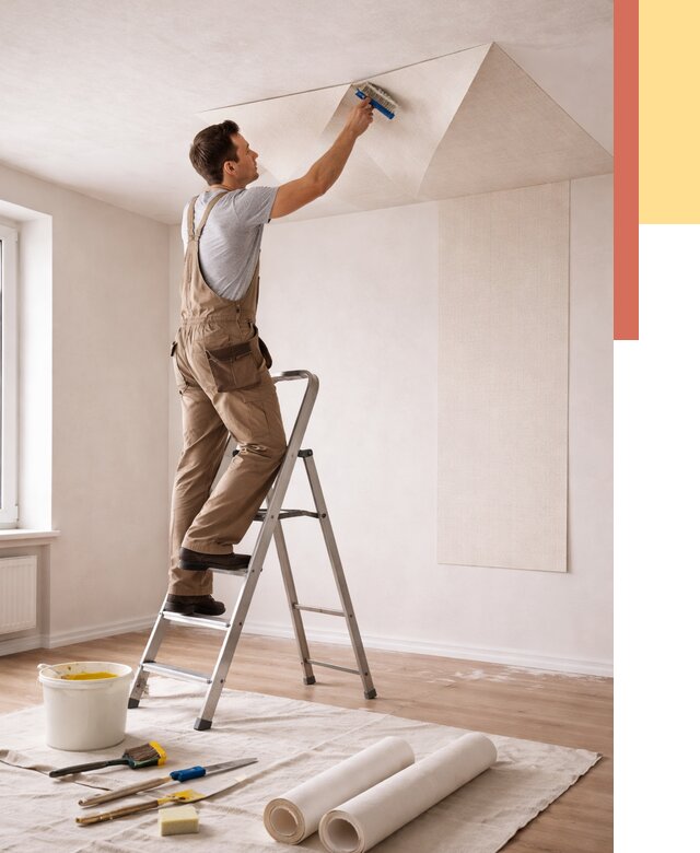 Поклейка обоев на потолок в Мценске от 4557 руб. быстро и недорого | ОТДЕЛОЧНИК-Мцн